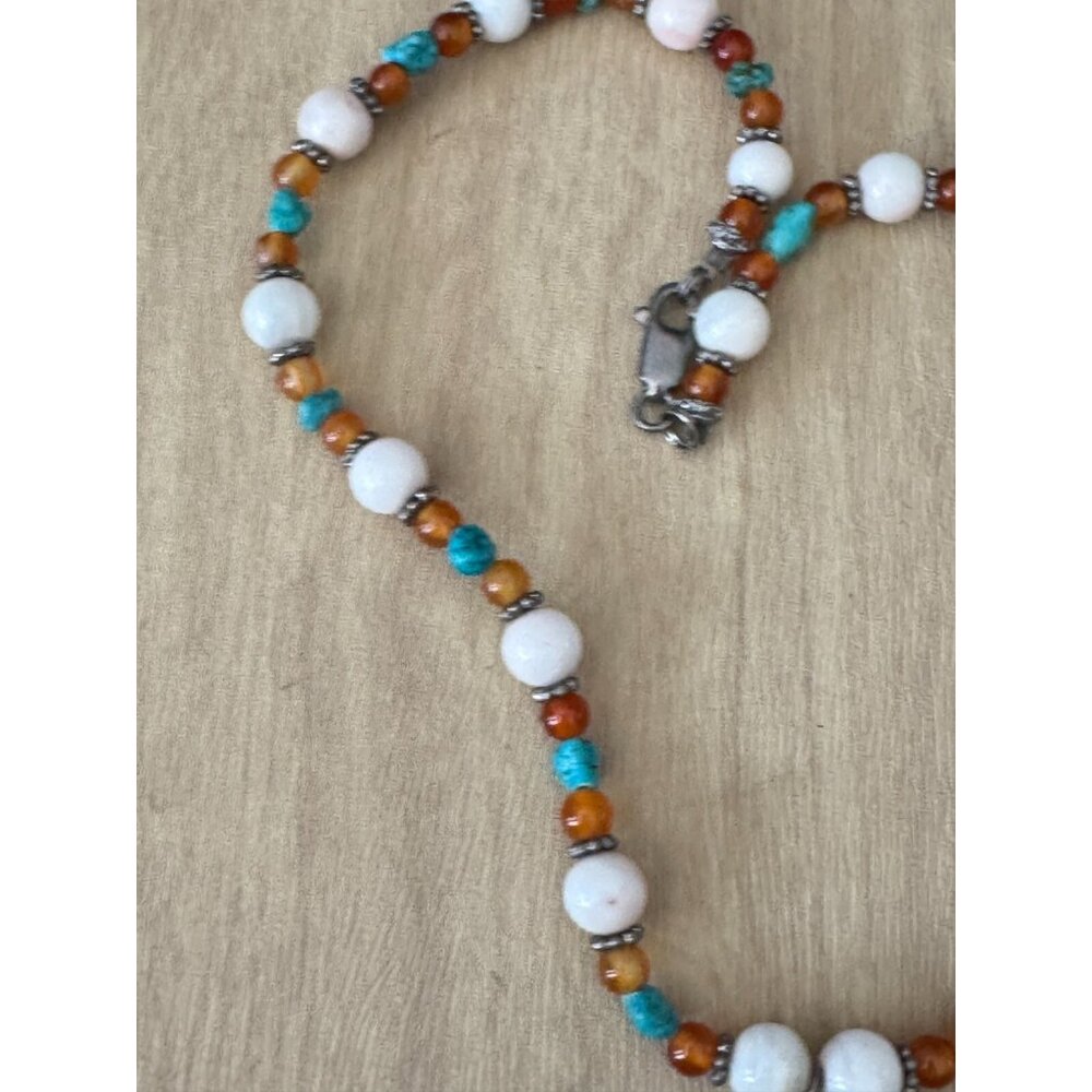 Vintage Tiger Eye Beaded Necklace Turquoise Pendant 32 Inches Stone Metal - Picture 5 of 11